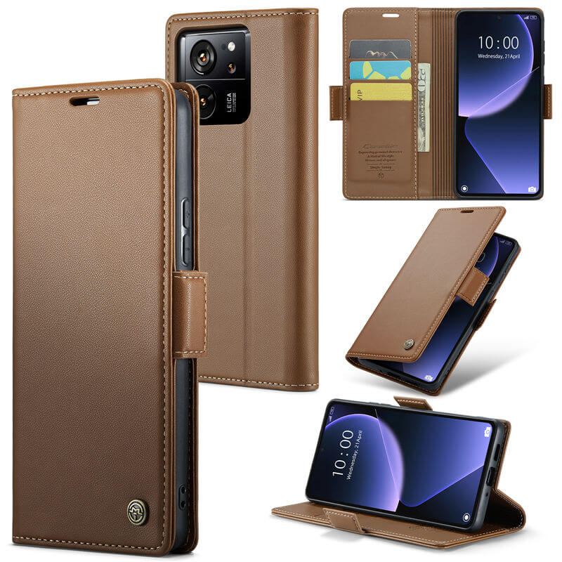 CaseMe Xiaomi 13T/13T Pro Wallet RFID Blocking Magnetic Buckle Case Brown - Click Image to Close