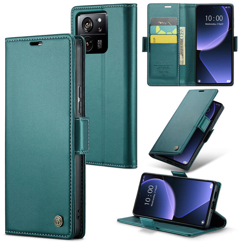 CaseMe Xiaomi 13T/13T Pro Wallet RFID Blocking Magnetic Buckle Case Green - Click Image to Close
