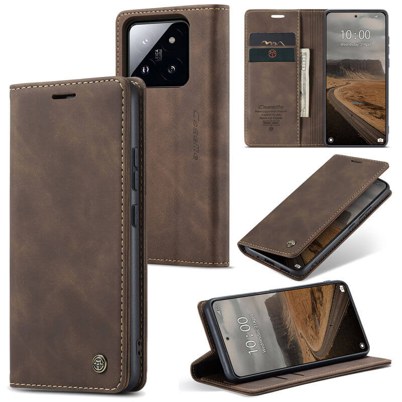 CaseMe Xiaomi 14 Wallet Suede Leather Case Coffee - Click Image to Close