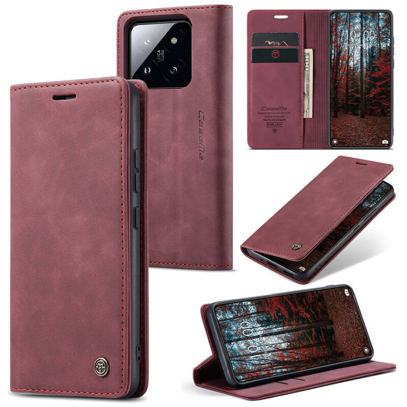 CaseMe Xiaomi 14 Wallet Suede Leather Case Red - Click Image to Close