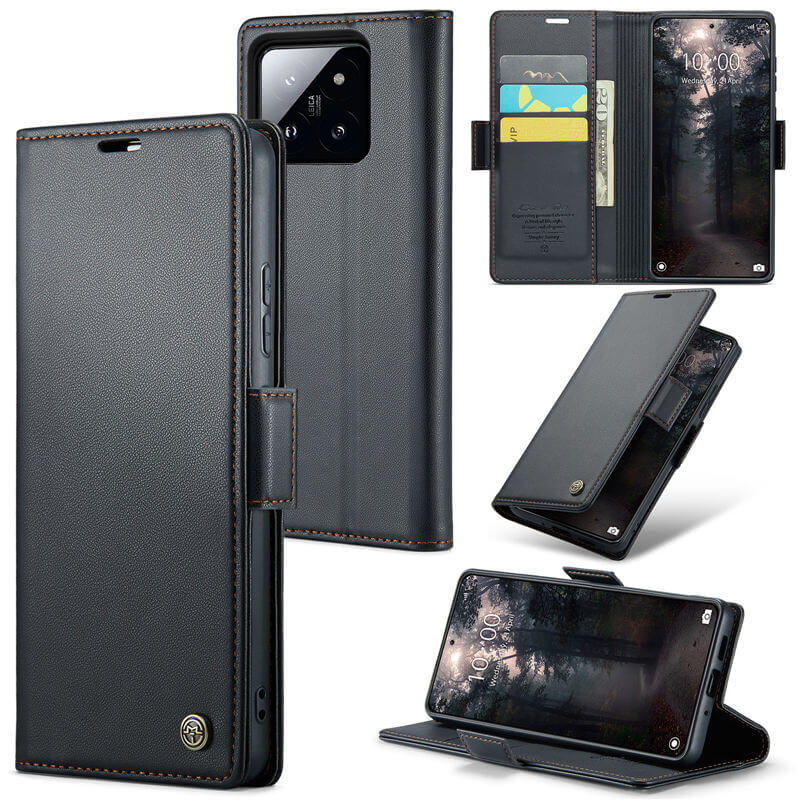 CaseMe Xiaomi 14 Wallet RFID Blocking Magnetic Buckle Case Black - Click Image to Close