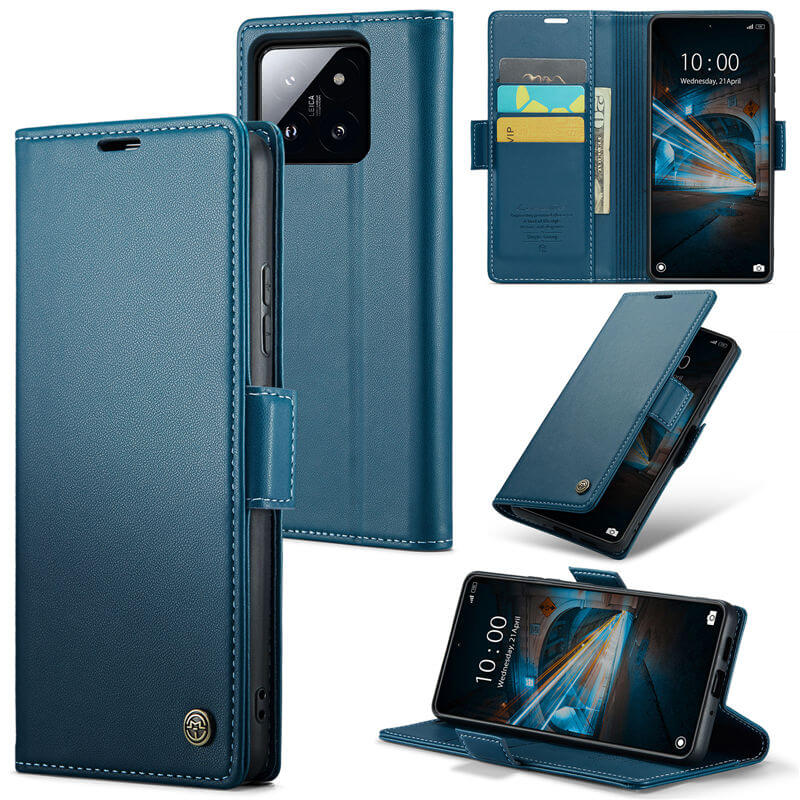 CaseMe Xiaomi 14 Wallet RFID Blocking Magnetic Buckle Case Blue - Click Image to Close