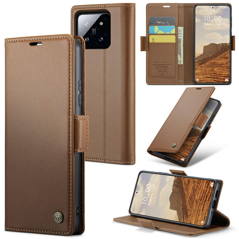 CaseMe Xiaomi 14 Wallet RFID Blocking Magnetic Buckle Case Brown - Click Image to Close
