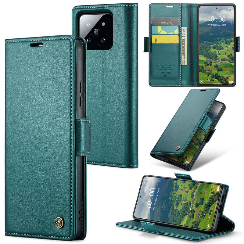 CaseMe Xiaomi 14 Wallet RFID Blocking Magnetic Buckle Case Green - Click Image to Close