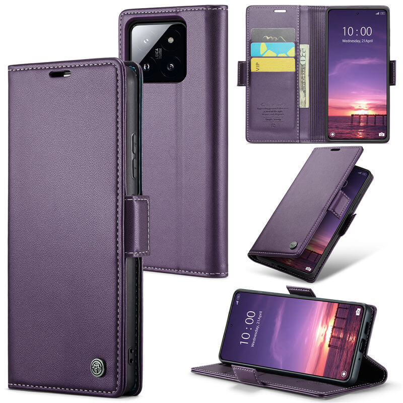 CaseMe Xiaomi 14 Wallet RFID Blocking Magnetic Buckle Case Purple - Click Image to Close