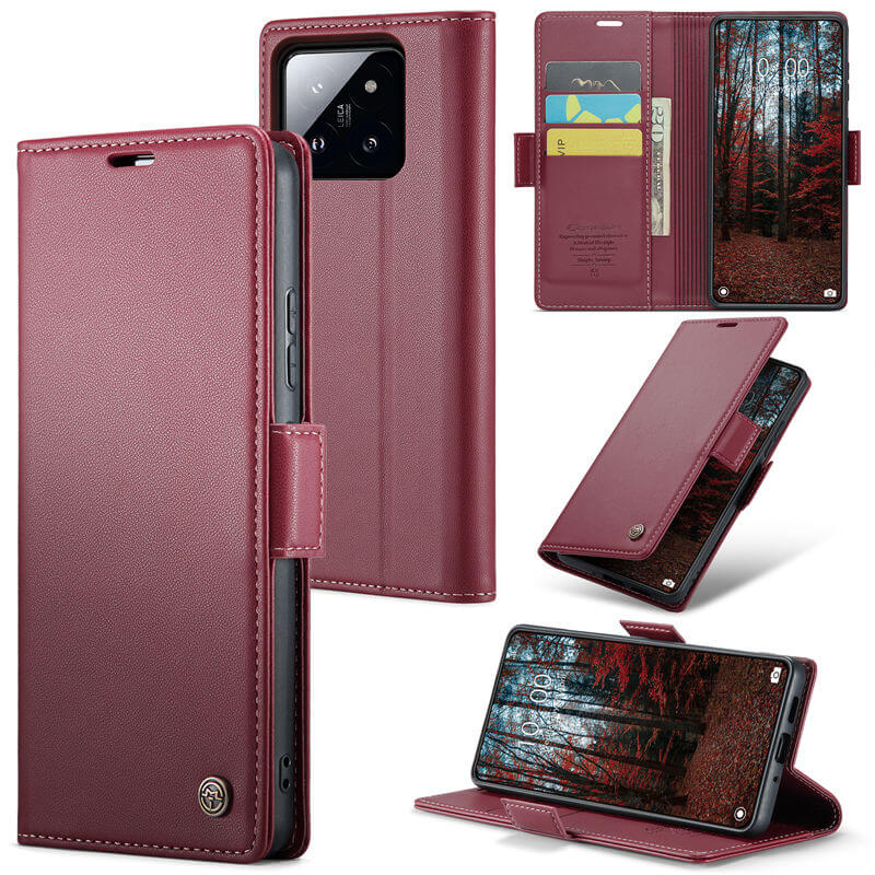 CaseMe Xiaomi 14 Wallet RFID Blocking Magnetic Buckle Case Red - Click Image to Close