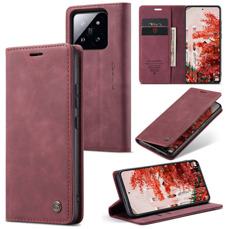 CaseMe Xiaomi 14 Pro Wallet Suede Leather Case Red - Click Image to Close