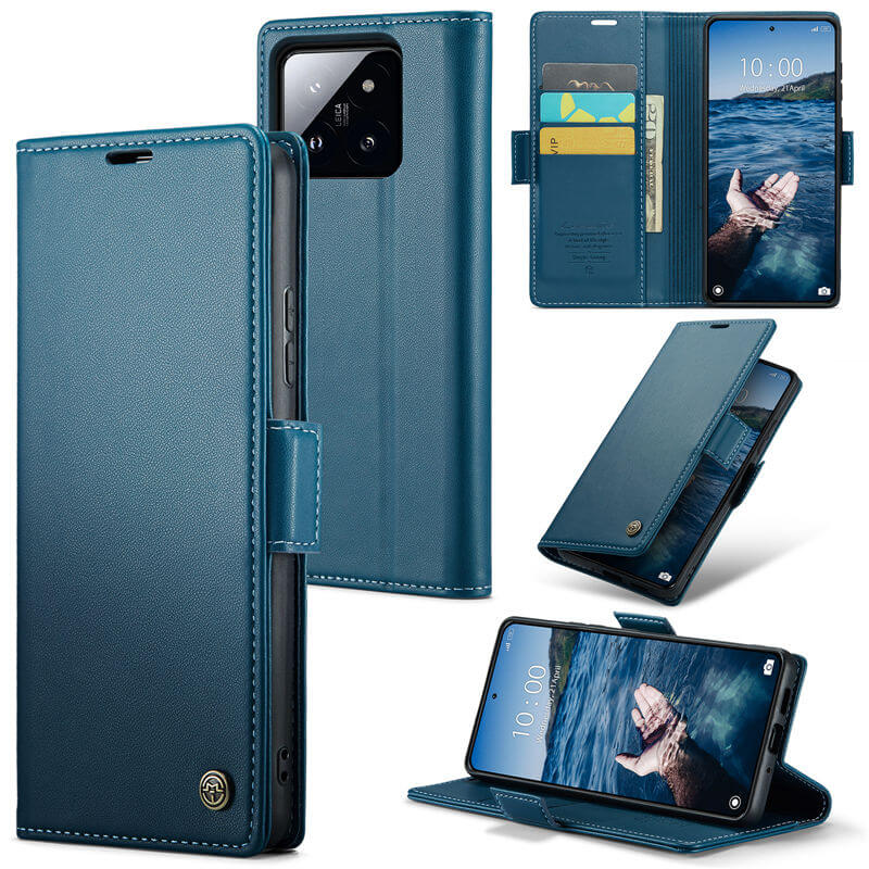 CaseMe Xiaomi 14 Pro Wallet RFID Blocking Magnetic Buckle Case Blue - Click Image to Close
