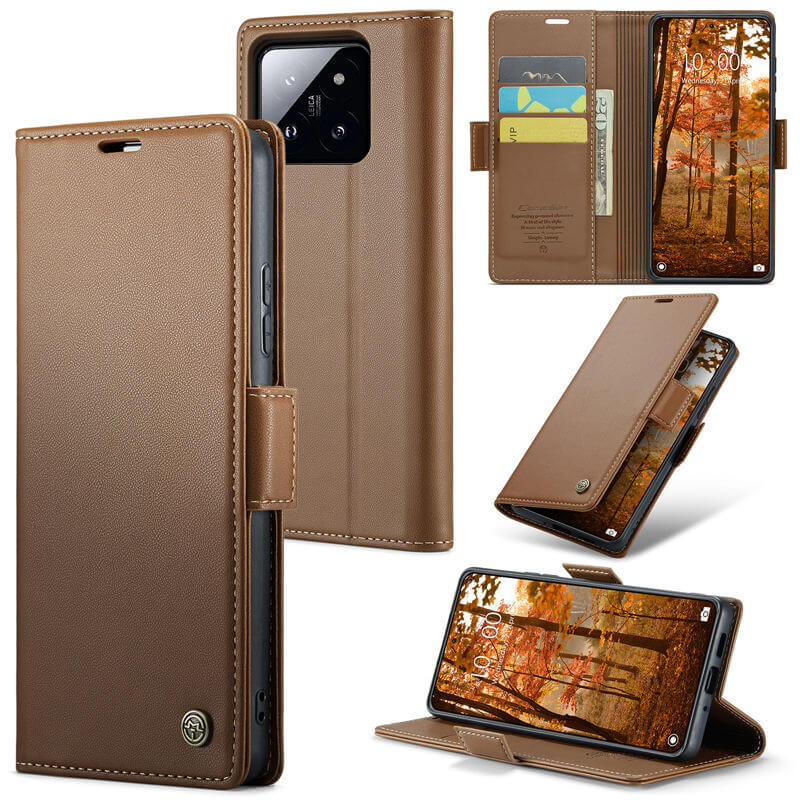 CaseMe Xiaomi 14 Pro Wallet RFID Blocking Magnetic Buckle Case Brown - Click Image to Close
