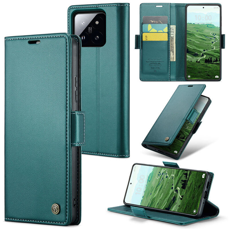 CaseMe Xiaomi 14 Pro Wallet RFID Blocking Magnetic Buckle Case Green - Click Image to Close