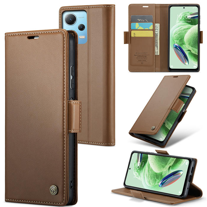 CaseMe Xiaomi POCO X5 5G Wallet RFID Blocking Magnetic Buckle Case Brown - Click Image to Close