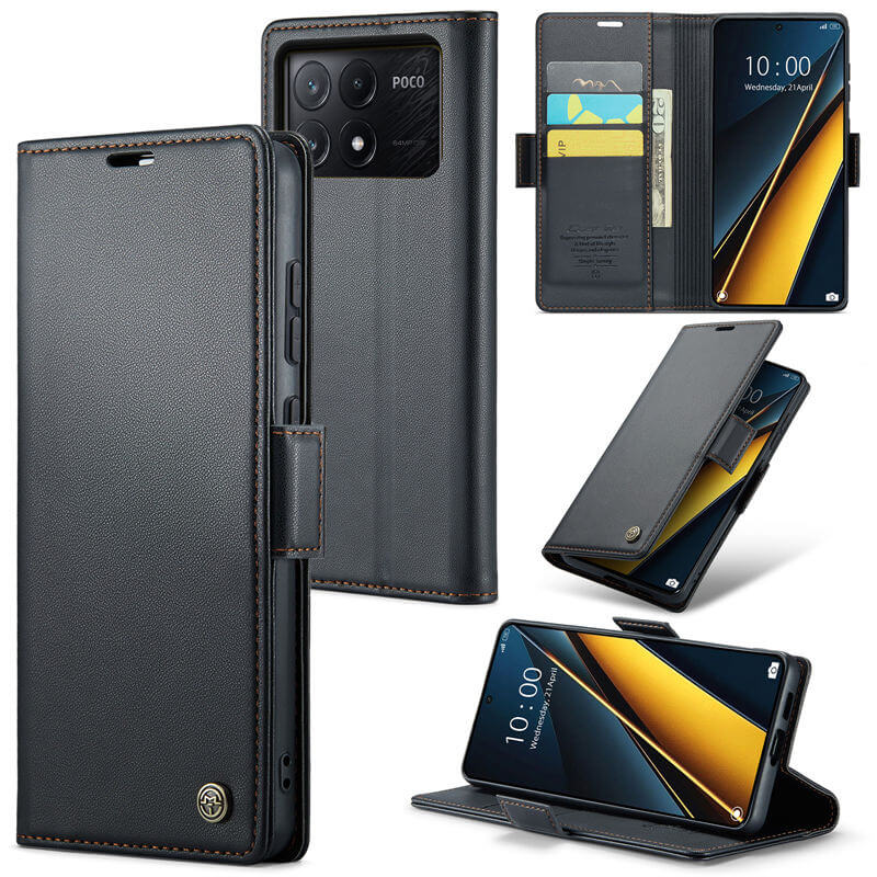 CaseMe Xiaomi Poco X6 Pro Wallet RFID Blocking Magnetic Buckle Case Black - Click Image to Close