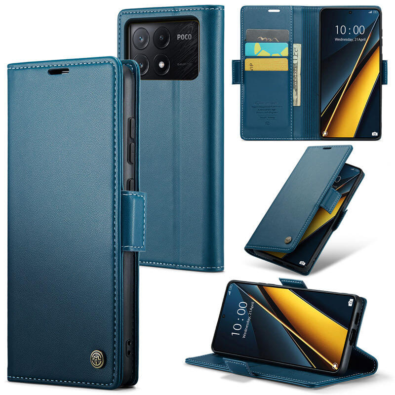 CaseMe Xiaomi Poco X6 Pro Wallet RFID Blocking Magnetic Buckle Case Blue