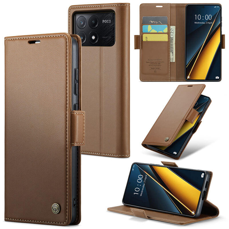 CaseMe Xiaomi Poco X6 Pro Wallet RFID Blocking Magnetic Buckle Case Brown
