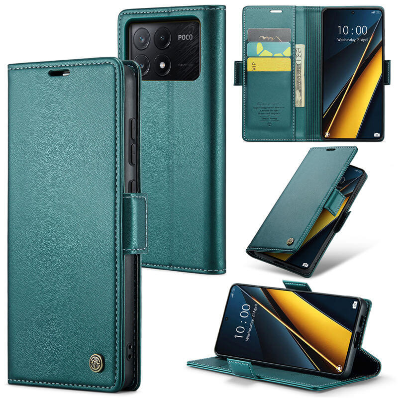 CaseMe Xiaomi Poco X6 Pro Wallet RFID Blocking Magnetic Buckle Case Green - Click Image to Close