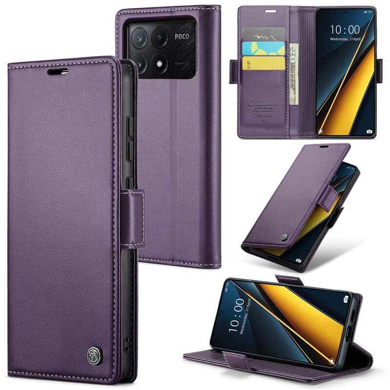CaseMe Xiaomi Poco X6 Pro Wallet RFID Blocking Magnetic Buckle Case Purple