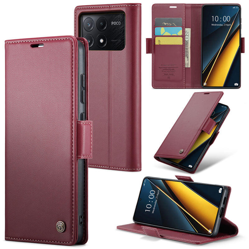 CaseMe Xiaomi Poco X6 Pro Wallet RFID Blocking Magnetic Buckle Case Red - Click Image to Close