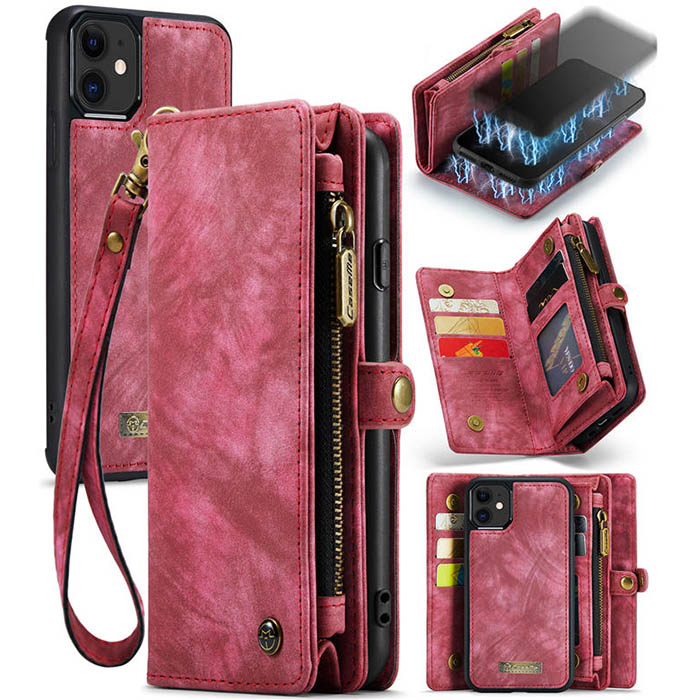 CaseMe iPhone 11 Zipper Wallet Magnetic Detachable Case Red - Click Image to Close