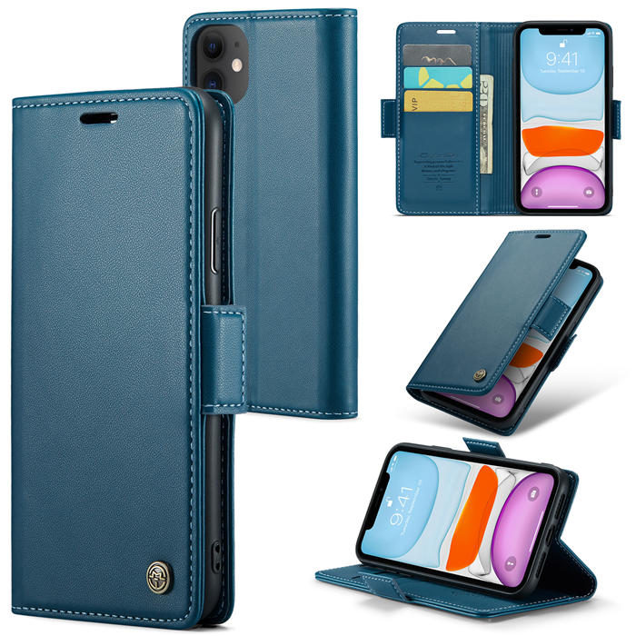 CaseMe iPhone 11 Wallet RFID Blocking Magnetic Buckle Case Blue - Click Image to Close