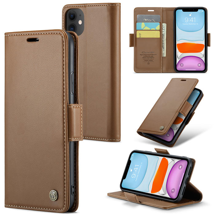 CaseMe iPhone 11 Wallet RFID Blocking Magnetic Buckle Case Brown - Click Image to Close