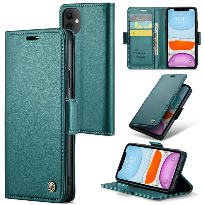CaseMe iPhone 11 Wallet RFID Blocking Magnetic Buckle Case Green - Click Image to Close