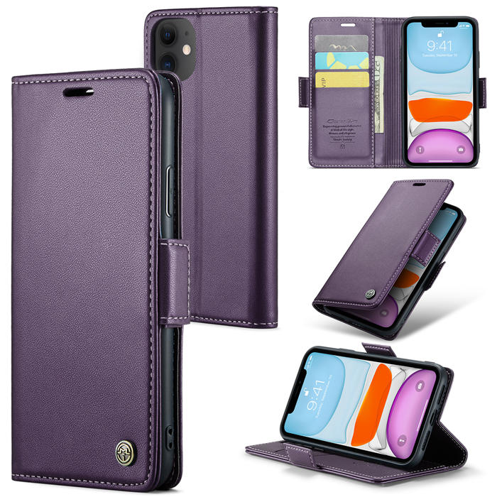CaseMe iPhone 11 Wallet RFID Blocking Magnetic Buckle Case Purple