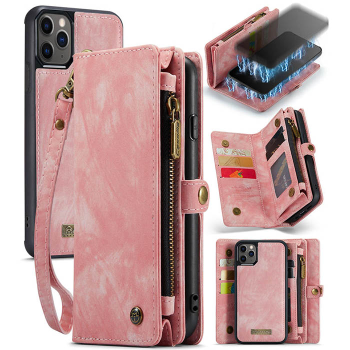 CaseMe iPhone 11 Pro Max Zipper Wallet Case with Wrist Strap Pink
