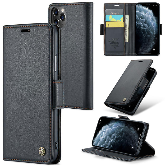 CaseMe iPhone 11 Pro Max Wallet RFID Blocking Magnetic Buckle Case Black - Click Image to Close