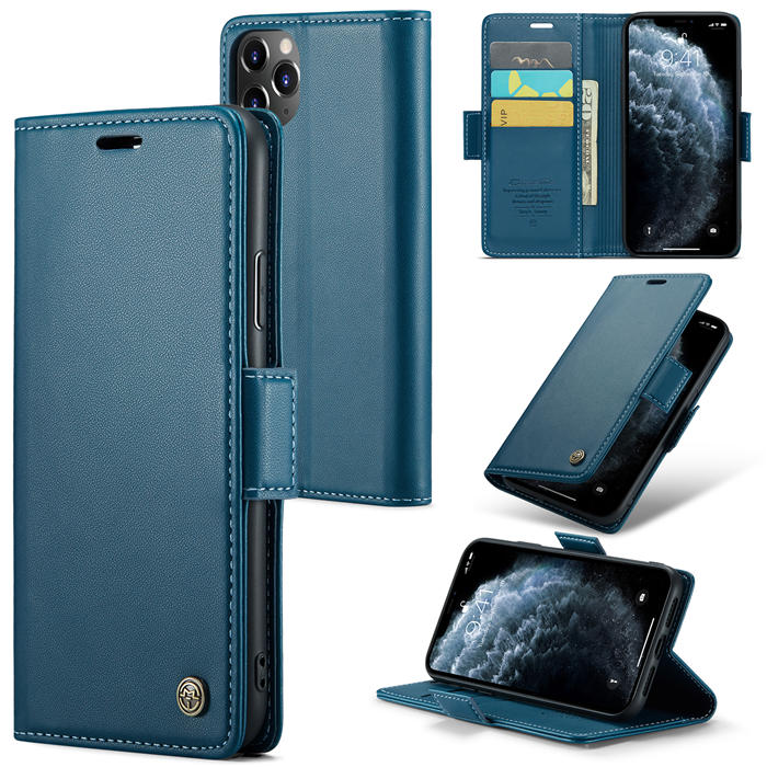CaseMe iPhone 11 Pro Max Wallet RFID Blocking Magnetic Buckle Case Blue - Click Image to Close