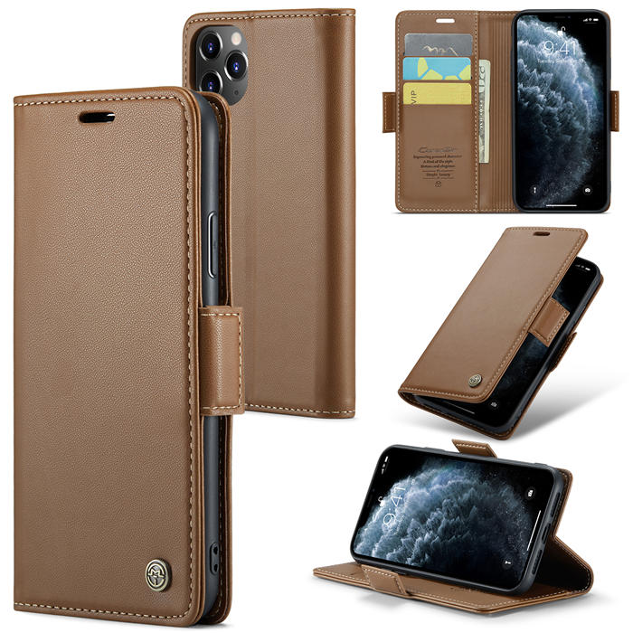 CaseMe iPhone 11 Pro Max Wallet RFID Blocking Magnetic Buckle Case Brown - Click Image to Close