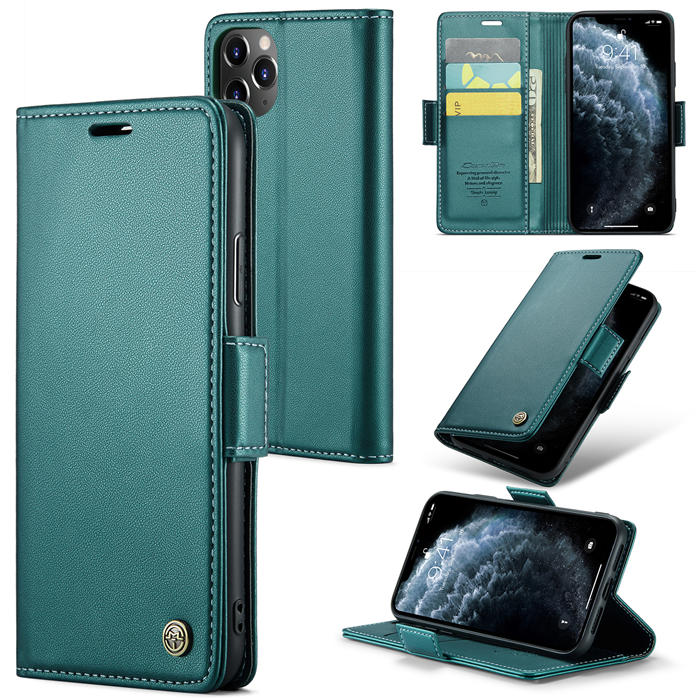 CaseMe iPhone 11 Pro Max Wallet RFID Blocking Magnetic Buckle Case Green - Click Image to Close