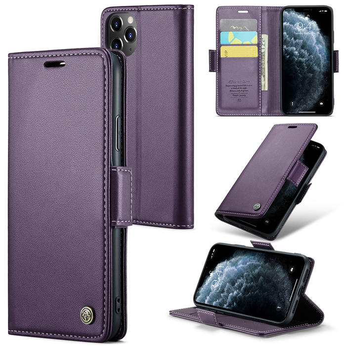 CaseMe iPhone 11 Pro Max Wallet RFID Blocking Magnetic Buckle Case Purple - Click Image to Close