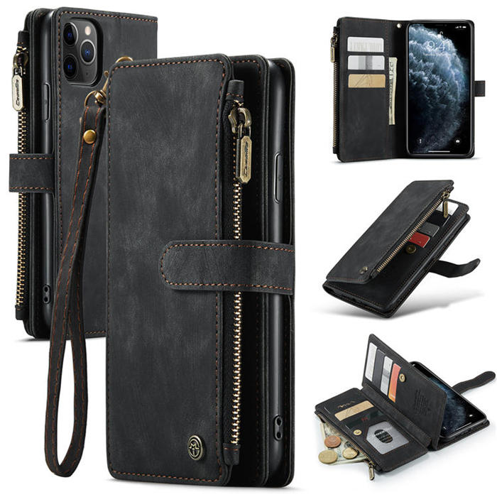 CaseMe iPhone 11 Pro Max Zipper Wallet Kickstand Case Black - Click Image to Close