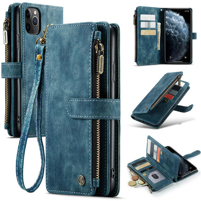 CaseMe iPhone 11 Pro Max Zipper Wallet Kickstand Case Blue - Click Image to Close