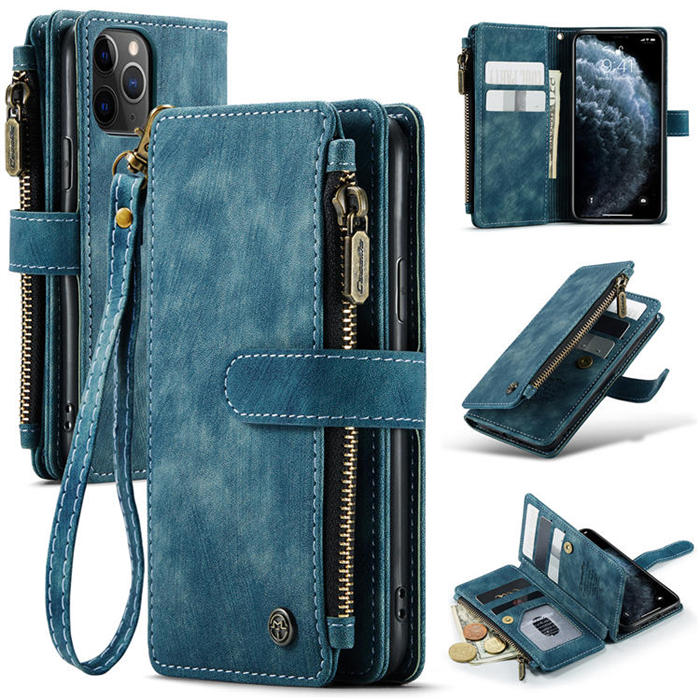 CaseMe iPhone 11 Pro Zipper Wallet Kickstand Case Blue - Click Image to Close