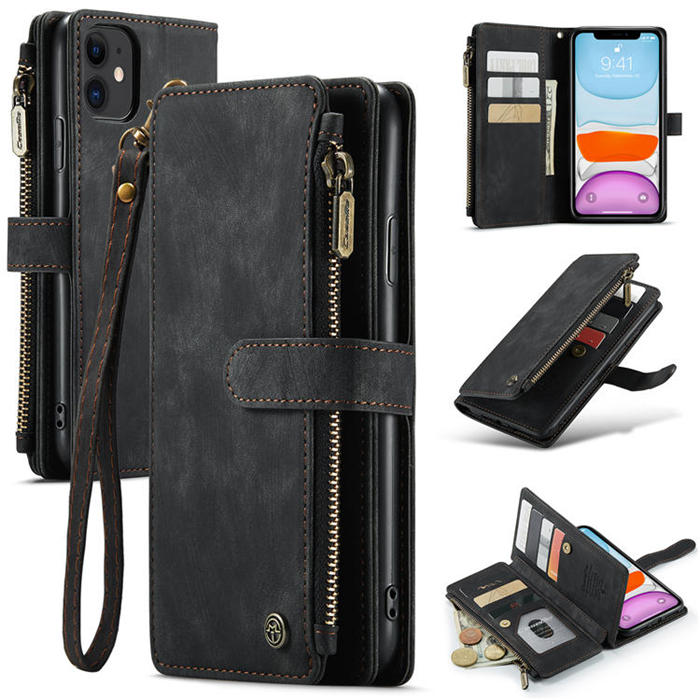 CaseMe iPhone 11 Zipper Wallet Kickstand Case Black - Click Image to Close