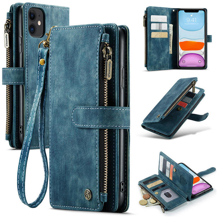 CaseMe iPhone 11 Zipper Wallet Kickstand Case Blue - Click Image to Close