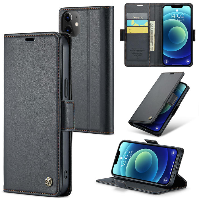 CaseMe iPhone 12/12 Pro Wallet RFID Blocking Magnetic Buckle Case Black - Click Image to Close