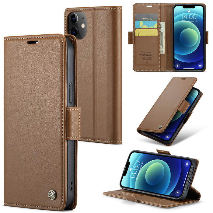 CaseMe iPhone 12/12 Pro Wallet RFID Blocking Magnetic Buckle Case Brown - Click Image to Close