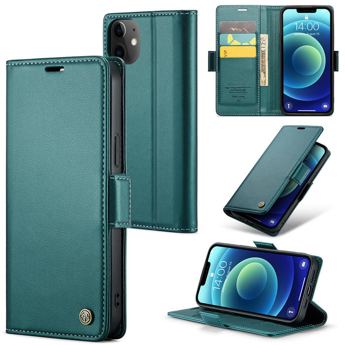 CaseMe iPhone 12/12 Pro Wallet RFID Blocking Magnetic Buckle Case Green - Click Image to Close