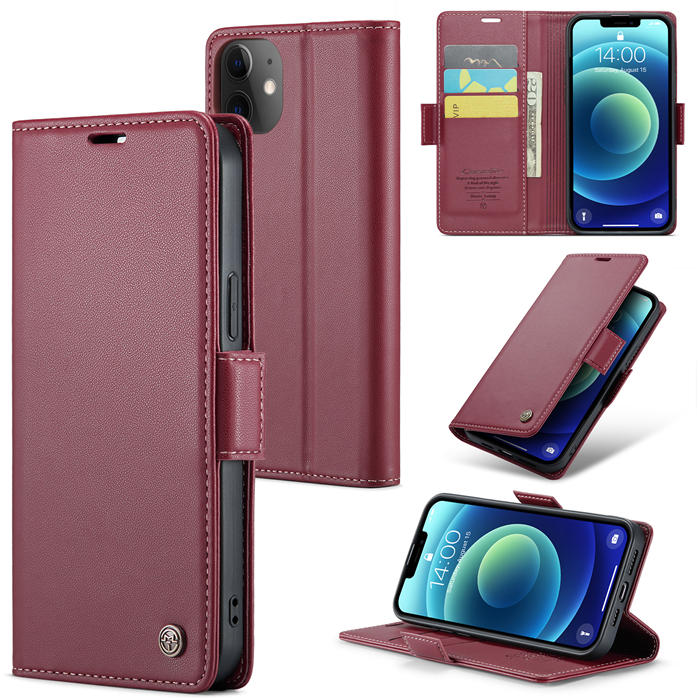 CaseMe iPhone 12/12 Pro Wallet RFID Blocking Magnetic Buckle Case Red - Click Image to Close