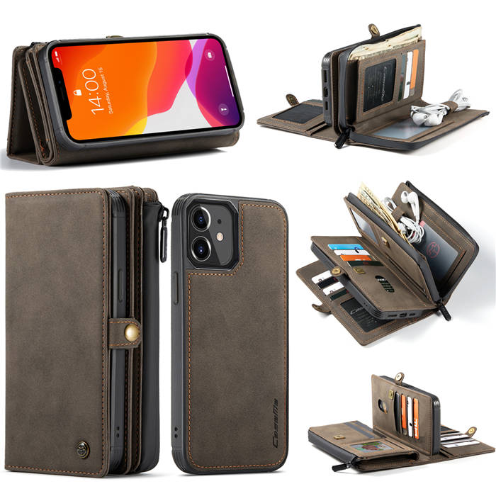 CaseMe iPhone 12 Luxury Multi-Functional Zipper Wallet Case Coffee