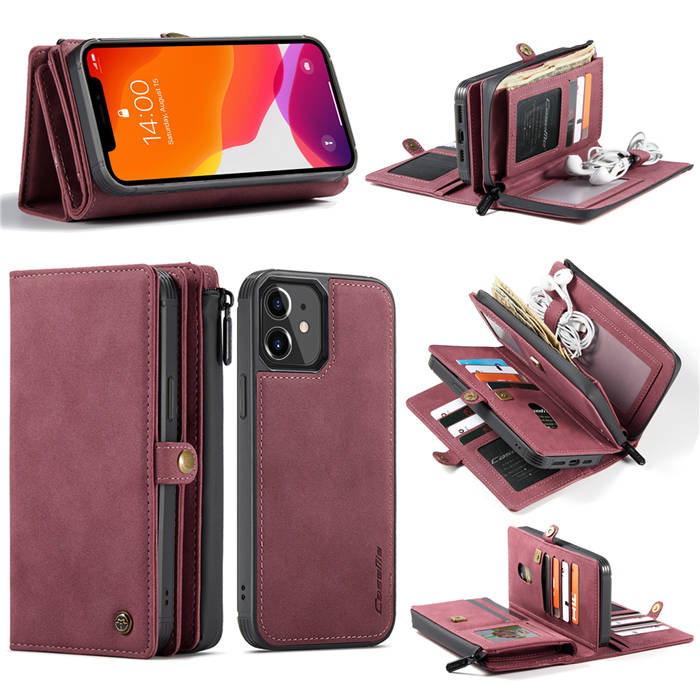 CaseMe iPhone 12 Luxury Multi-Functional Zipper Wallet Case Red