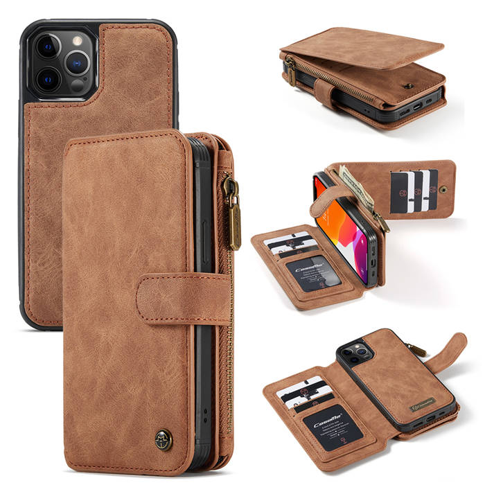 CaseMe iPhone 12 Pro Max Zipper Wallet Magnetic Case Brown