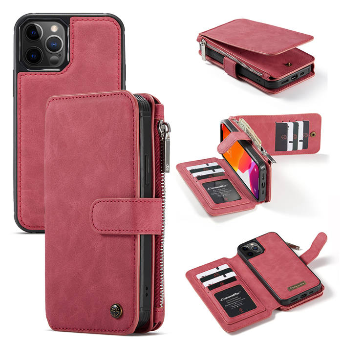 CaseMe iPhone 12 Pro Max Zipper Wallet Detachable 2 in 1 Case Red