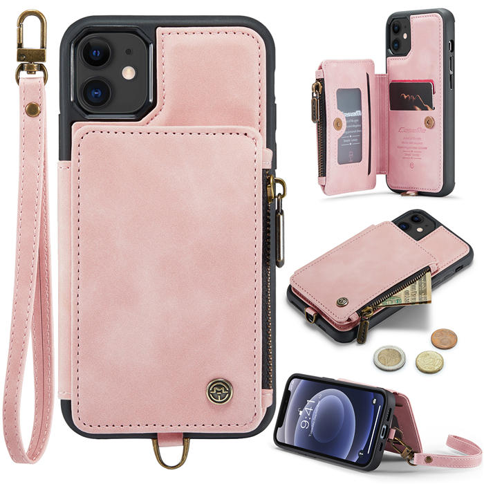 CaseMe iPhone 11 Wallet RFID Blocking Case with Wrist Strap Pink