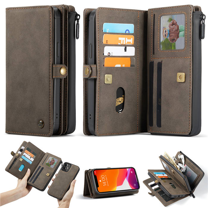 CaseMe iPhone 12 Mini Multi-Functional Zipper Wallet Case Coffee