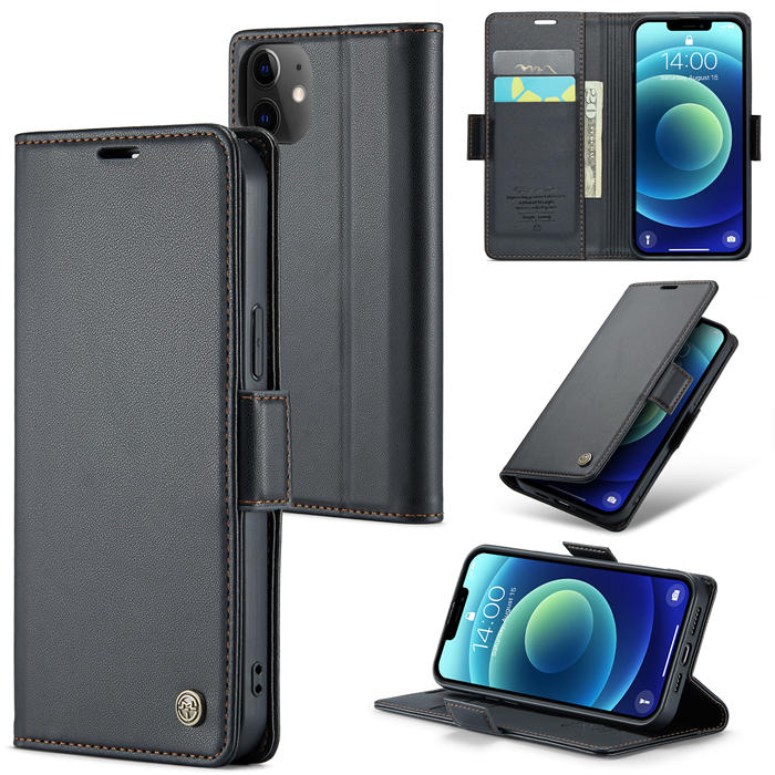 CaseMe iPhone 12 Mini Wallet RFID Blocking Magnetic Buckle Case Black - Click Image to Close