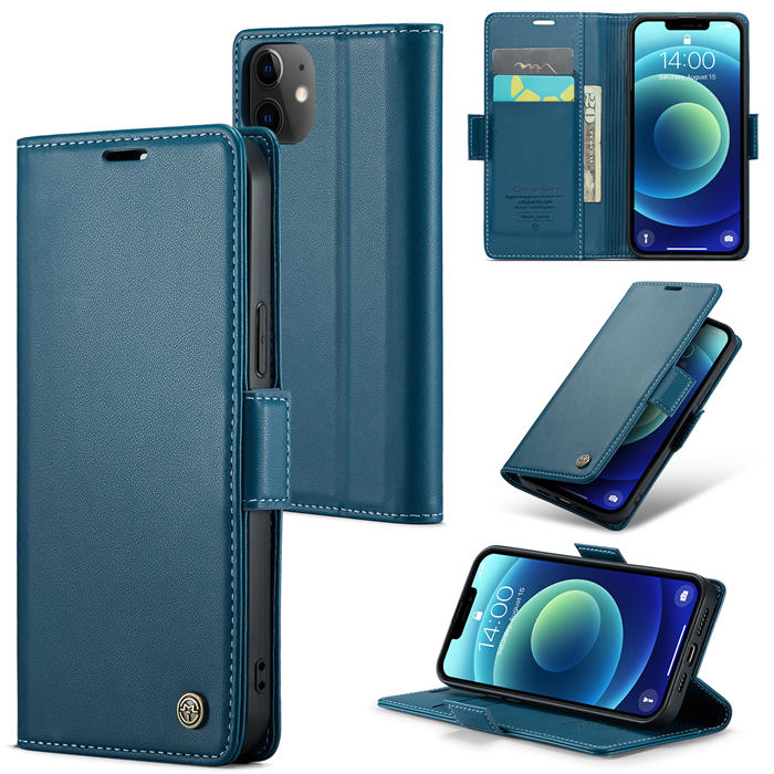 CaseMe iPhone 12 Mini Wallet RFID Blocking Magnetic Buckle Case Blue - Click Image to Close