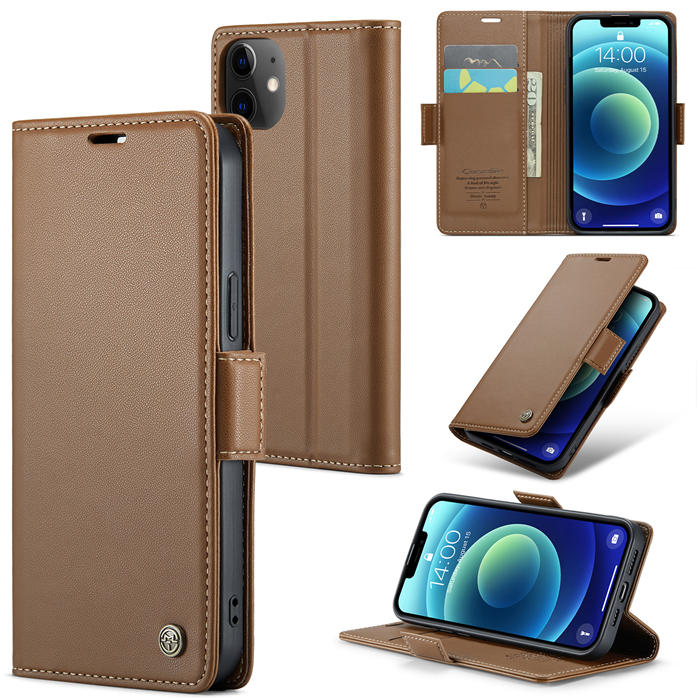 CaseMe iPhone 12 Mini Wallet RFID Blocking Magnetic Buckle Case Brown - Click Image to Close